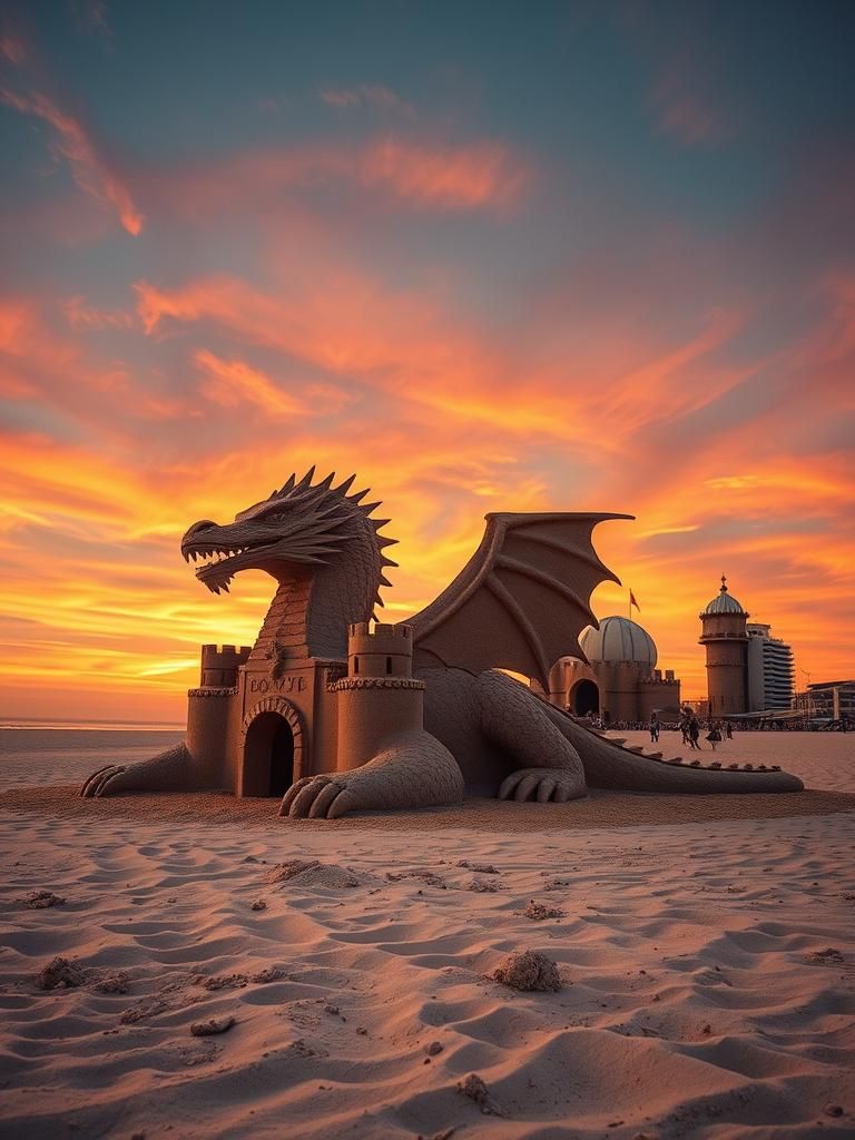Dragon Sandcastle at Golden Hour: Cinematic Still