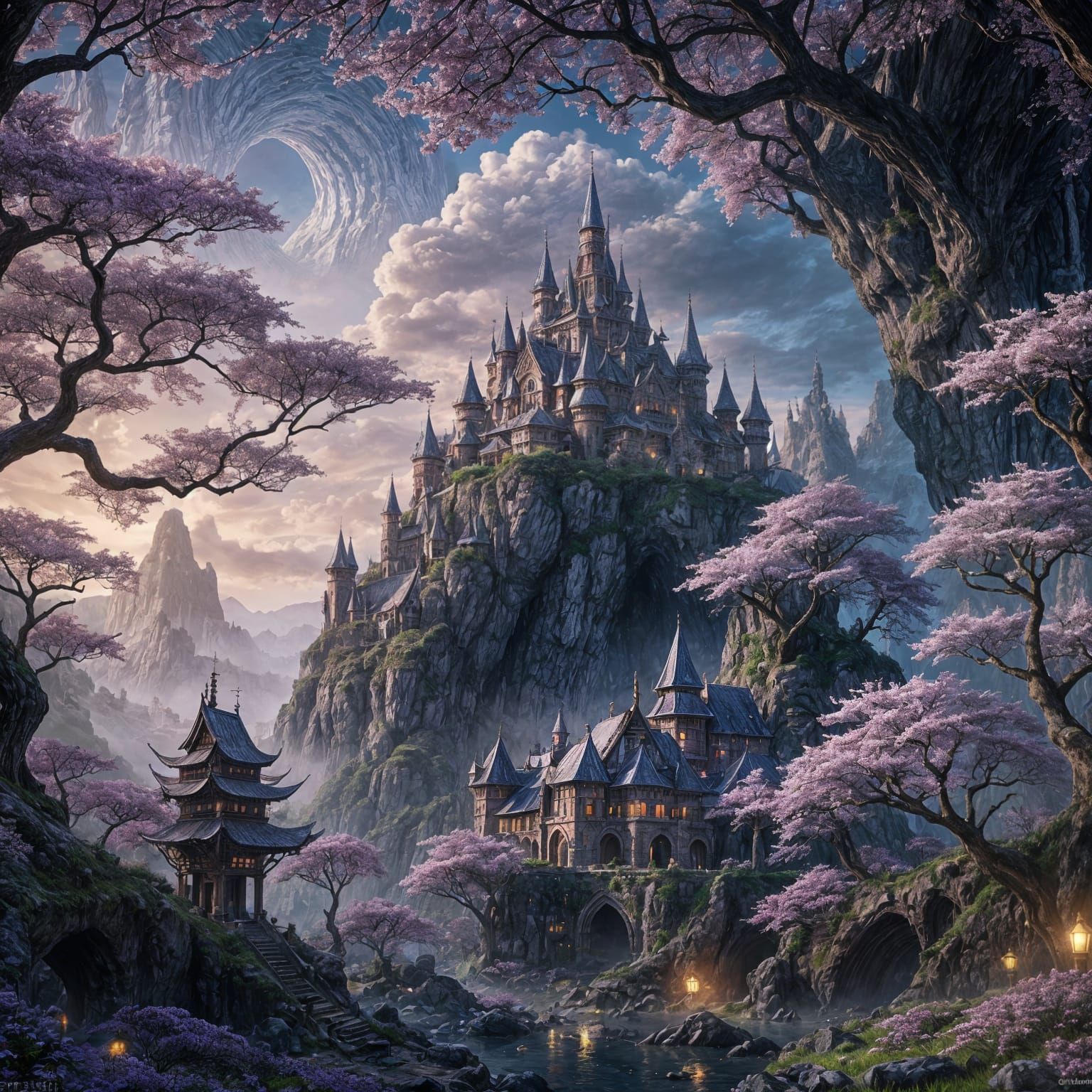 Glowing Elven City in Sakura Cave