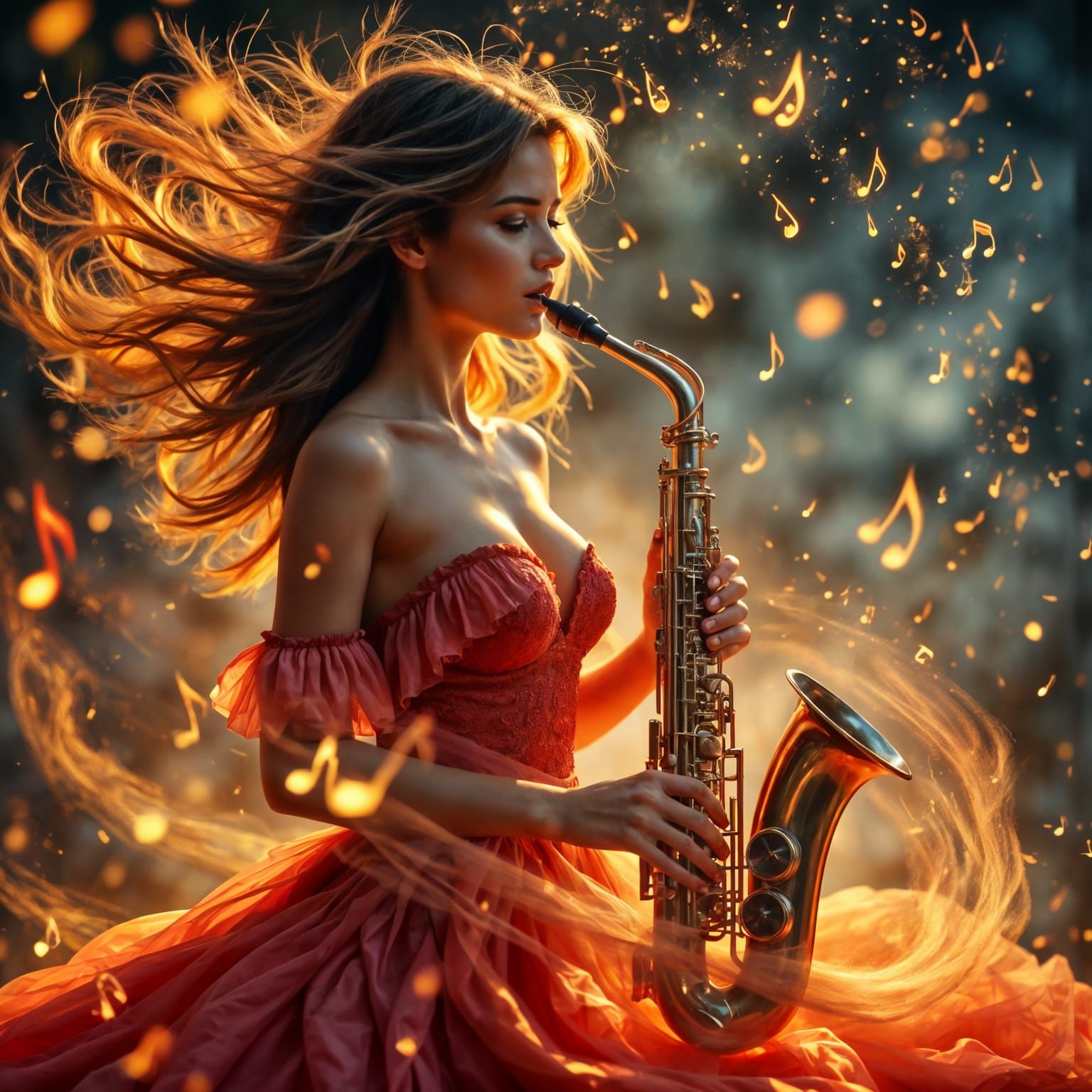 Ethereal Sax Siren in Vibrant Hyperrealism
