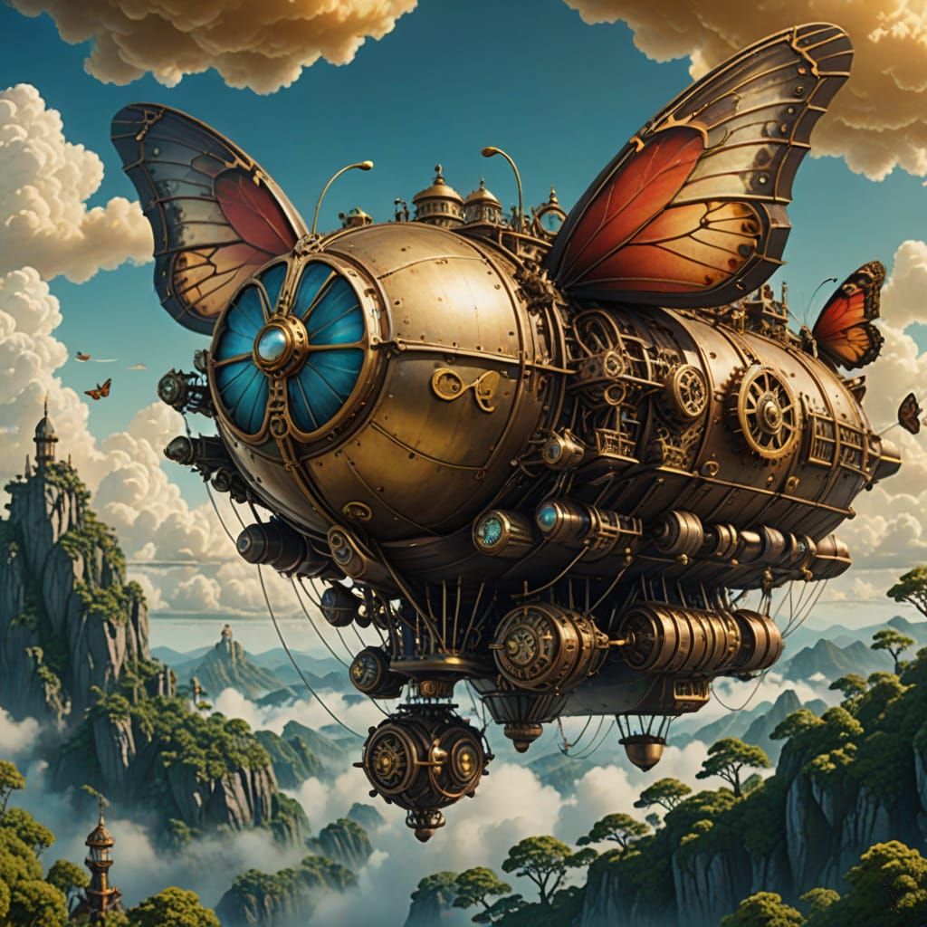 Steampunk Butterfly Airship in Cinematic Flight