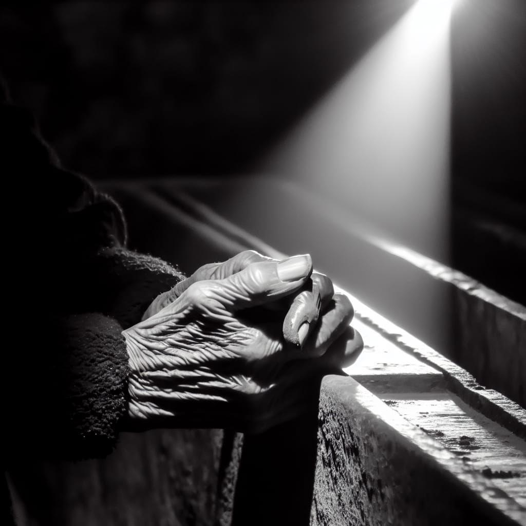 Poignant Black and White Photo of Praying Hands