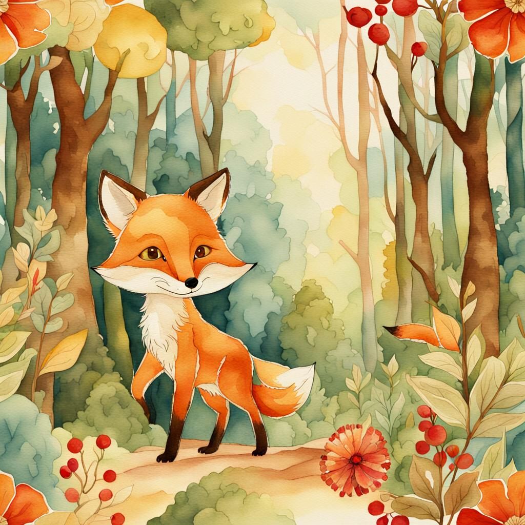 Baby Fox Fabric Design in Art Nouveau Style
