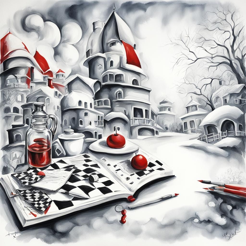 Clean oil painterd airbrush illustration of a Harlequin Journaling page
, in red black and white, white background