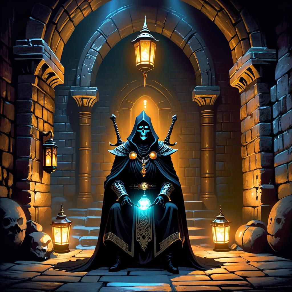 Mysterious Lich in Misty Dungeon, Watercolor and Ink