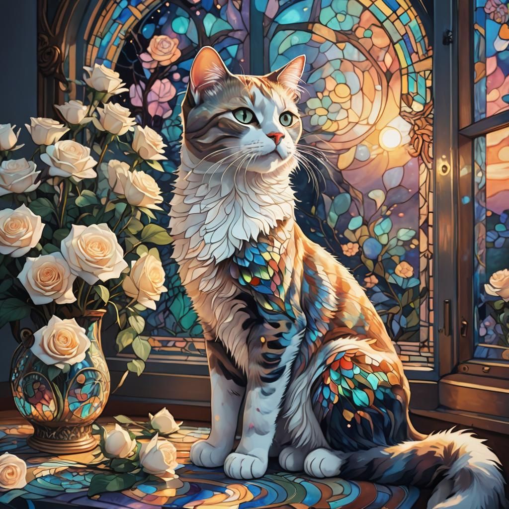 Art Nouveau Cat and Roses on Windowsill