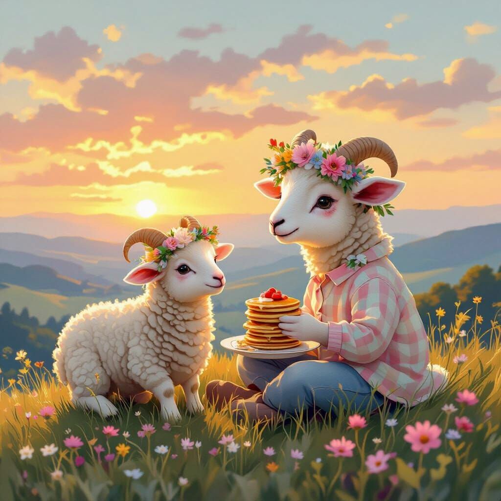Lamb with Floral Crown Eating Pancakes at Sunset
