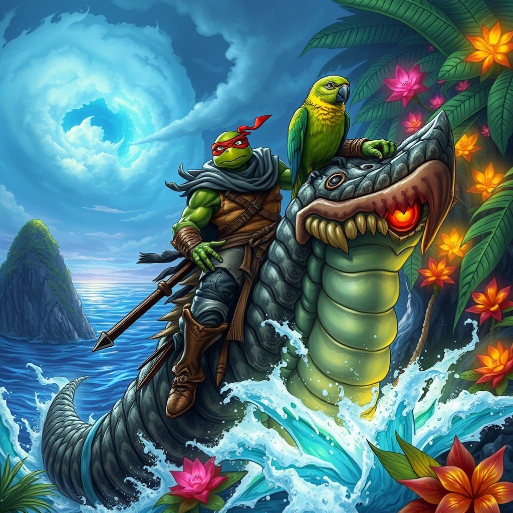 Turtle Warrior Rides Elemental Beast on Mystic Island