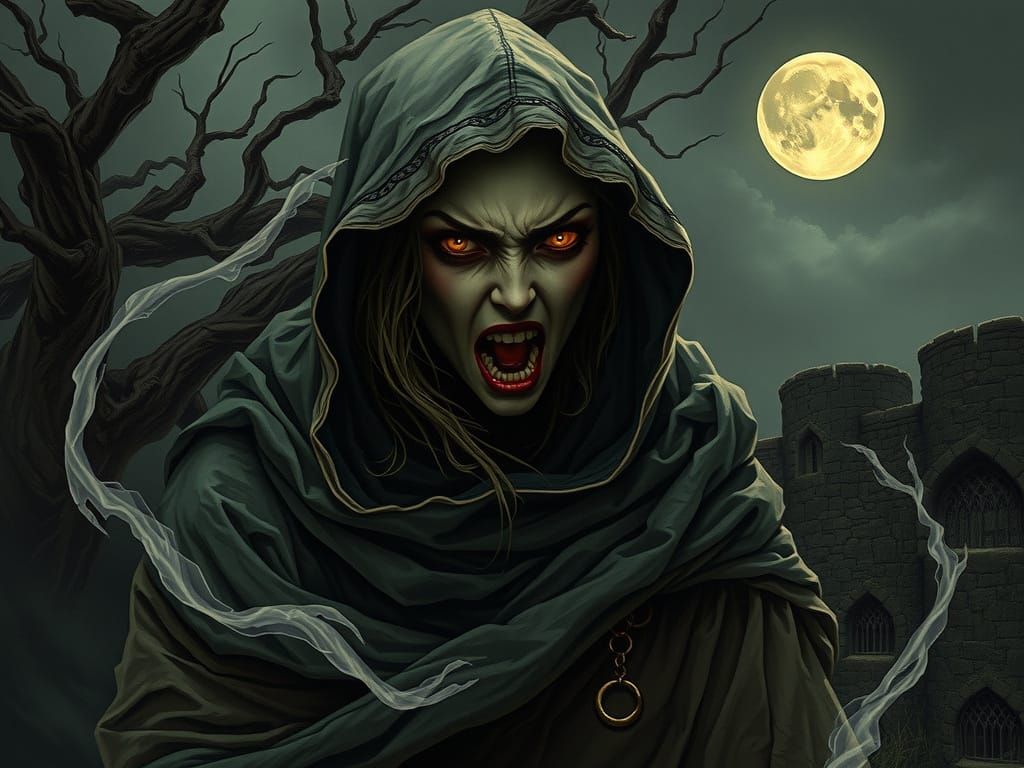 Ethereal Banshee in Dark Irish Landscape