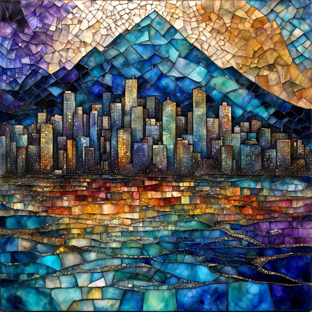 Dreamlike Cityscape with Kintsugi Mosaic Skyscrapers at Nigh...