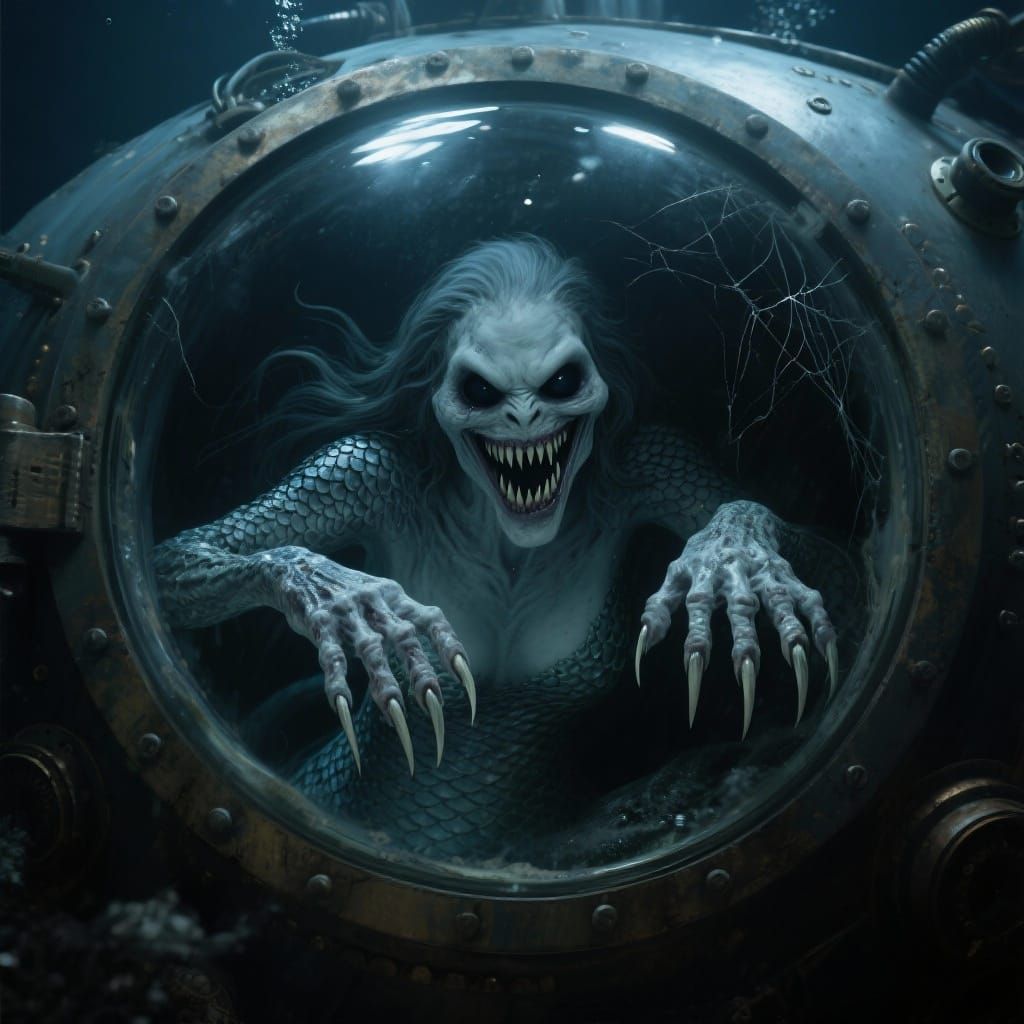 Gigantic Pale Siren Stares Through Submarine Porthole