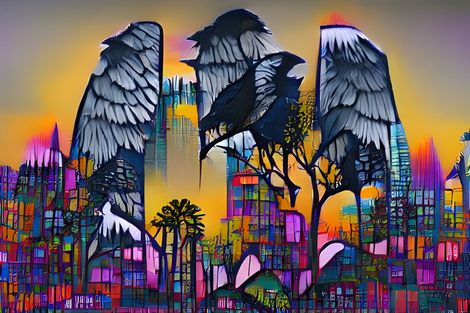 Angelic Los Angeles Forest Cityscape Ink Drawing