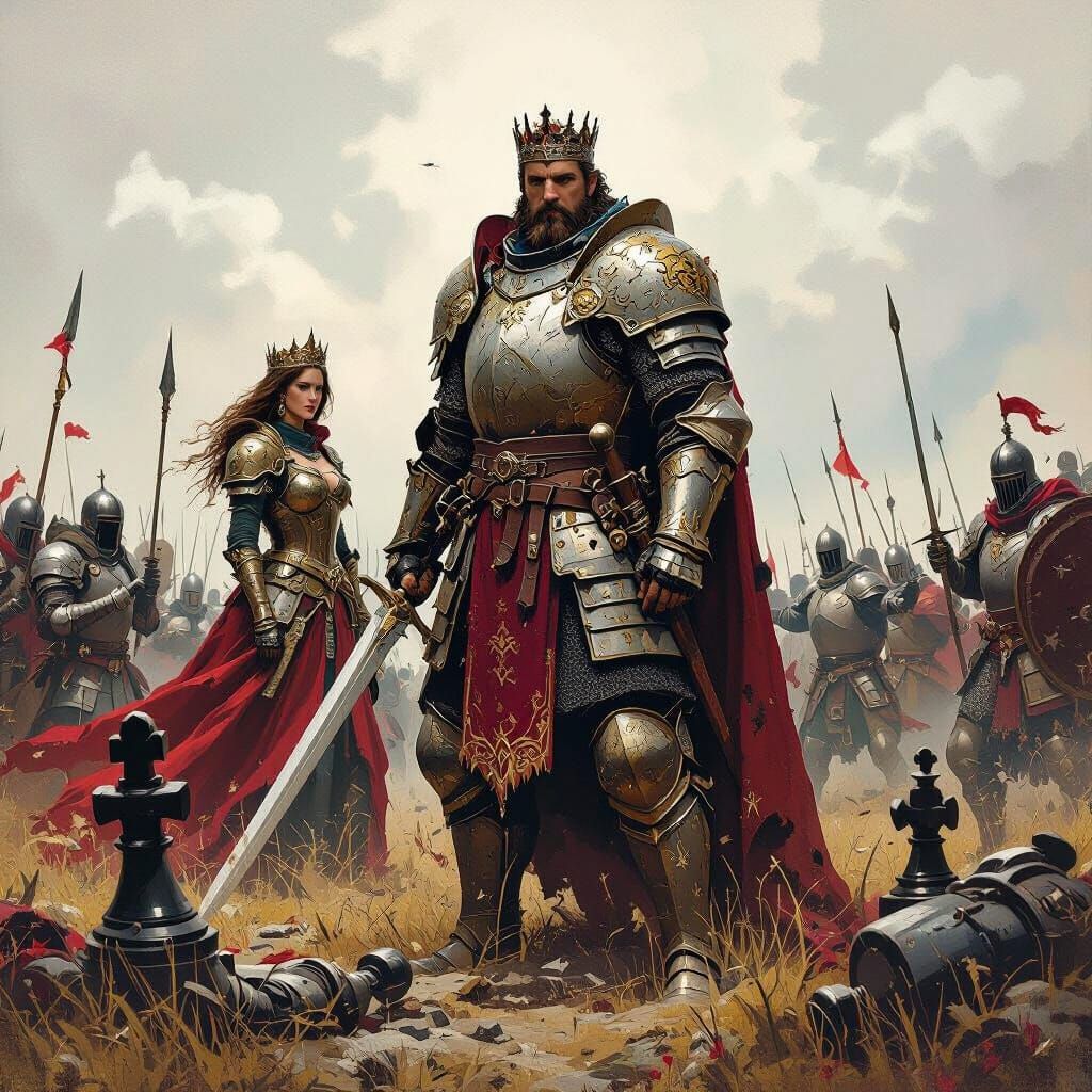 Chess Pieces as Warriors in Epic Battlefield Scene