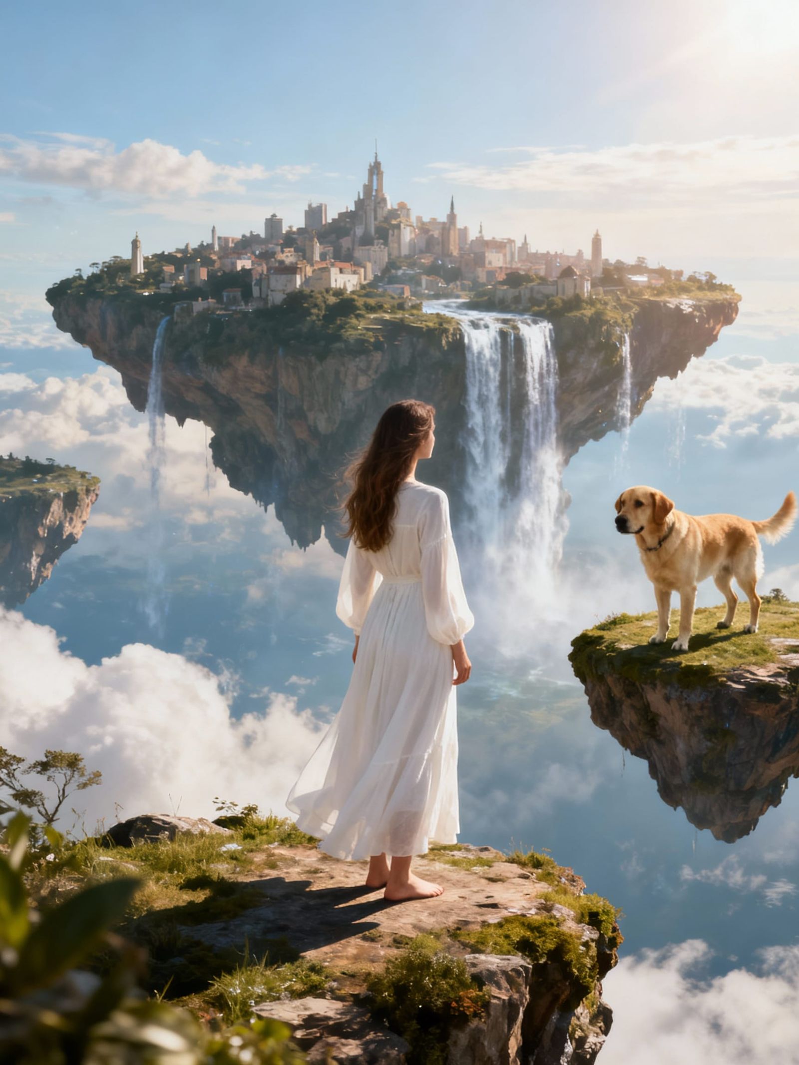 Woman and Dog on Sky Islands, Photorealistic Style