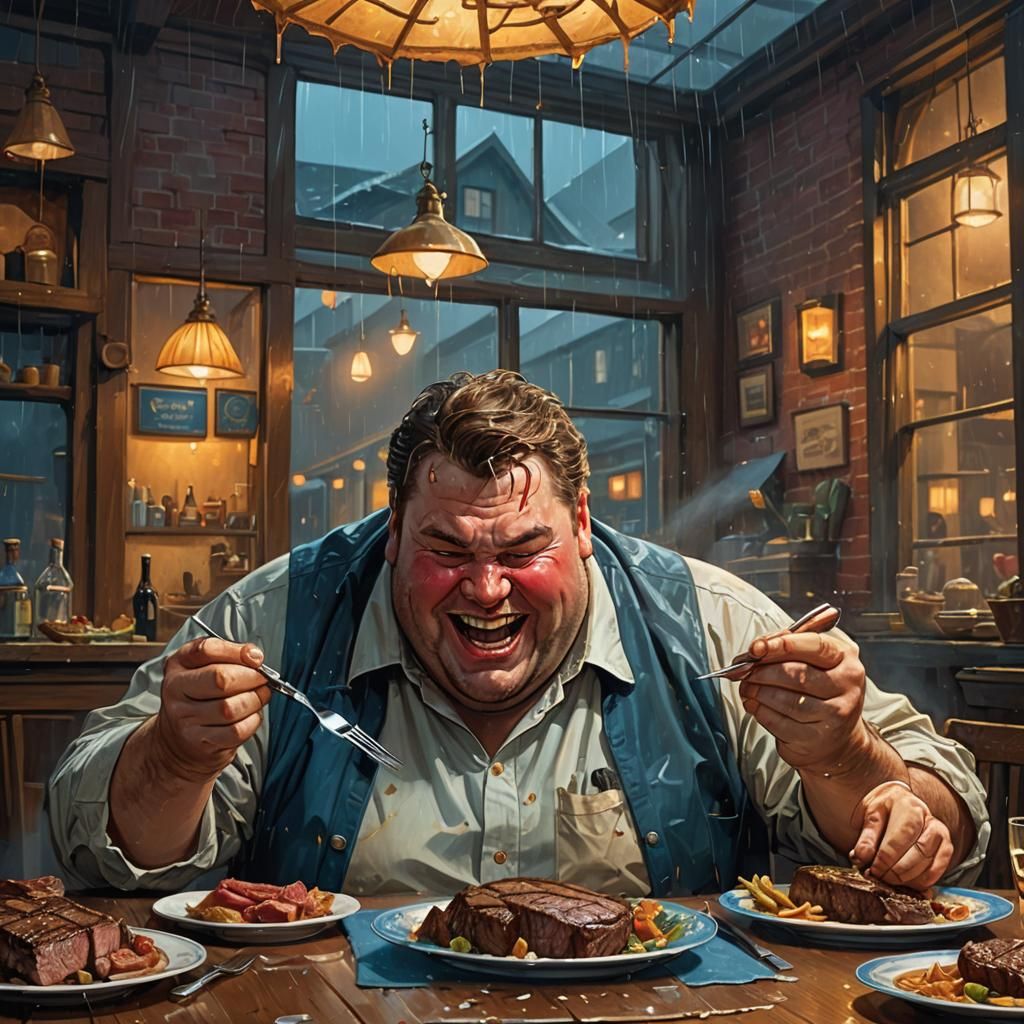Laughing Man and Steaks in Detailed Matte Painting Style