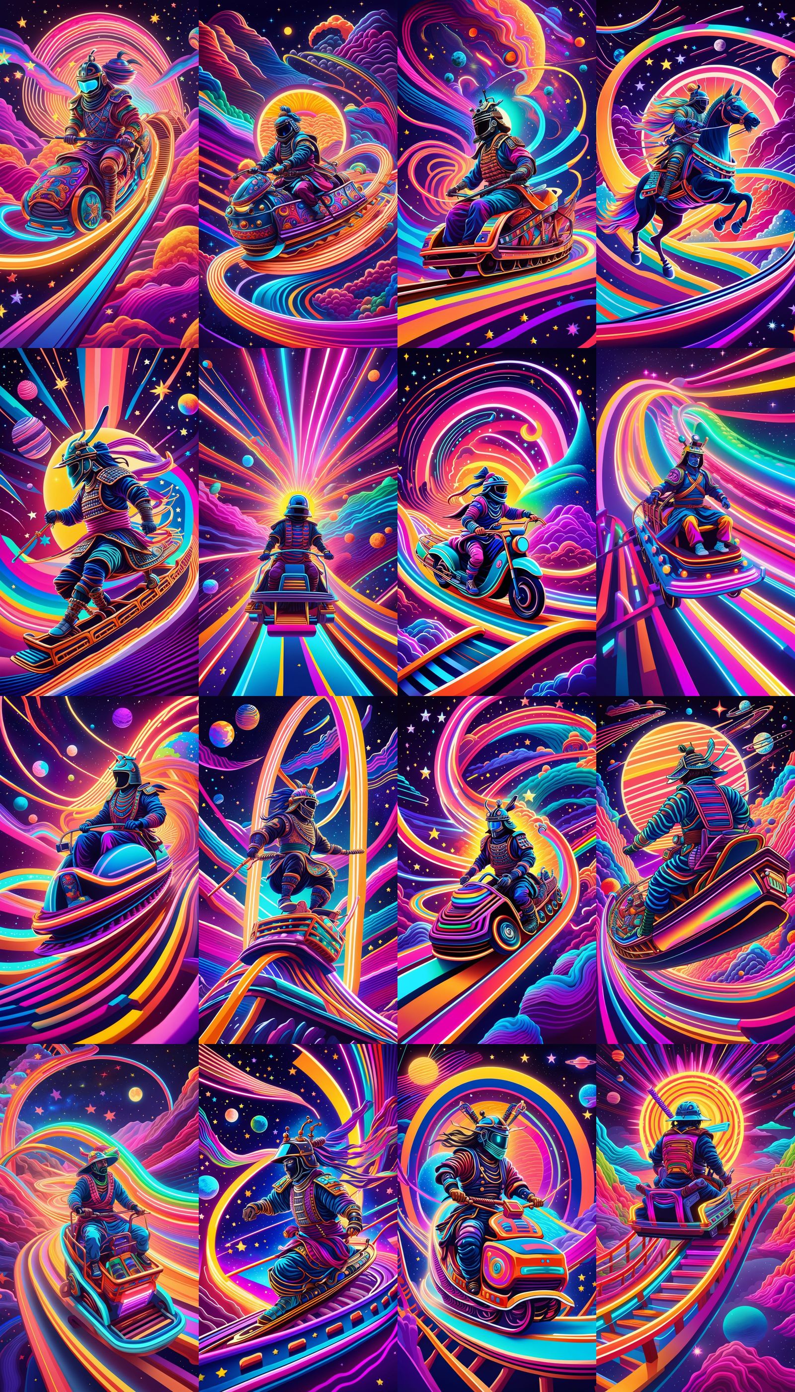 Samurai on Roller Coaster in Glitchcore Space