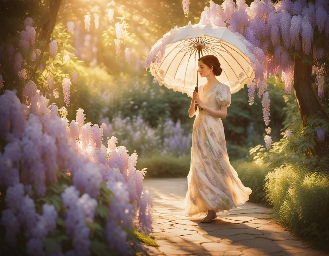 A woman in a flowing dress carrying a parasol decorated with trailing wisteria blossoms.