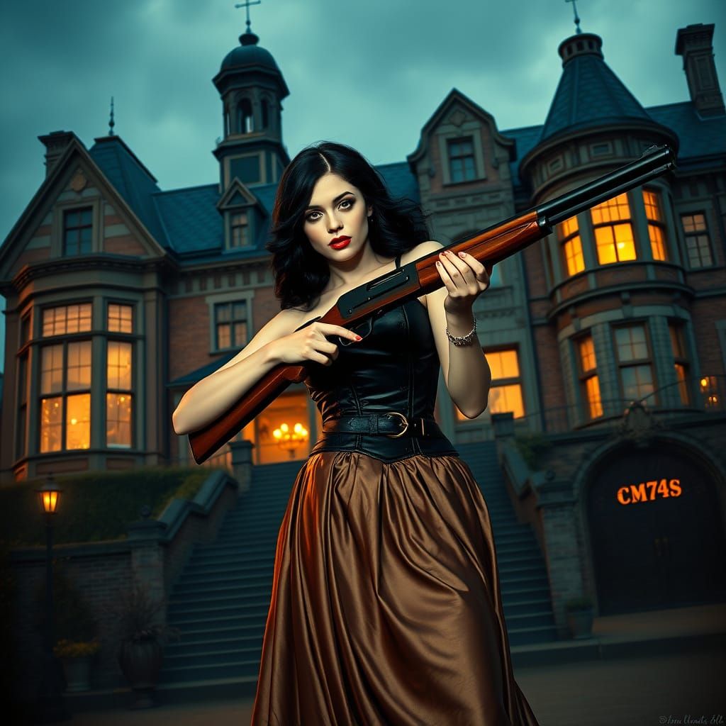Exotic Lady with Rifle Before Victorian Mansion