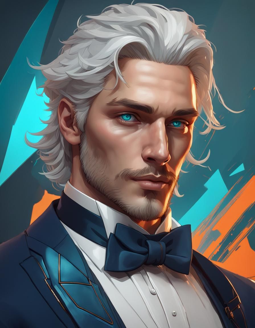 Attractive Man with White Hair in High Fashion Tuxedo