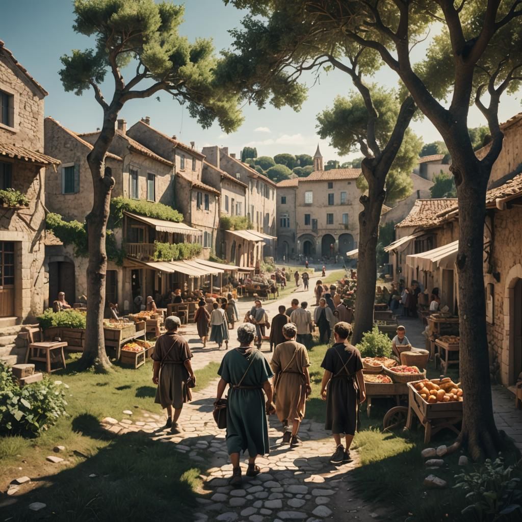 Lively Roman Village Near Sea on Sunny Day