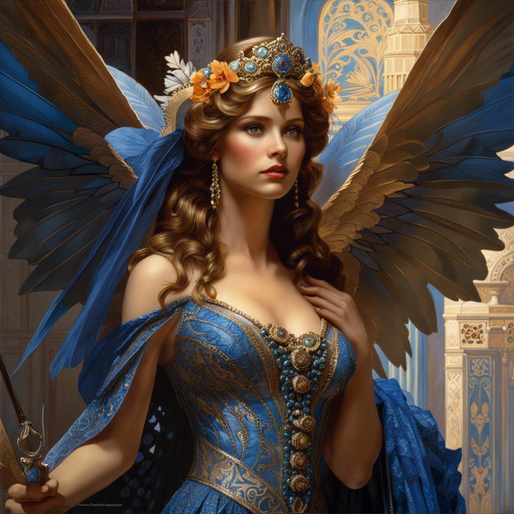 Fairy Queen in Blue Lace Gown: Digital Masterpiece