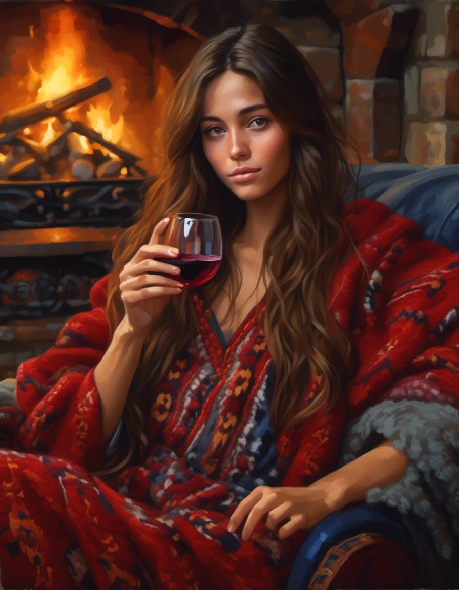 Beautiful Woman Relaxing by Fireplace with Wine