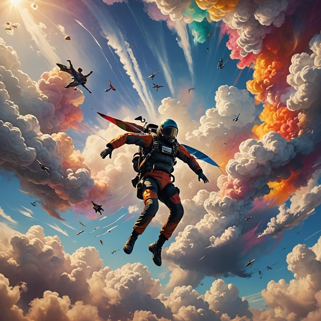 Skydiver Descending Through Colorful Clouds in Fantasy Art