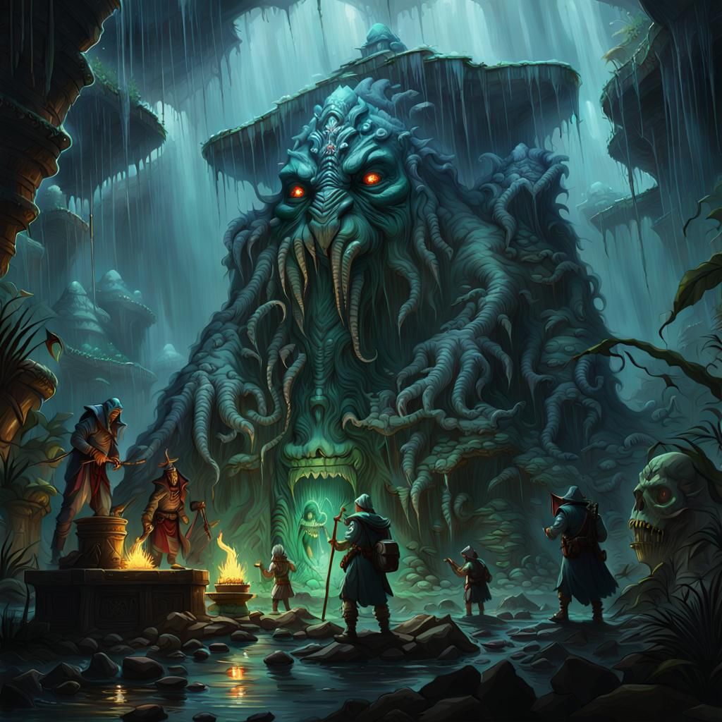 Lovecraftian Fishmen Sacrifice in Jungle Temple