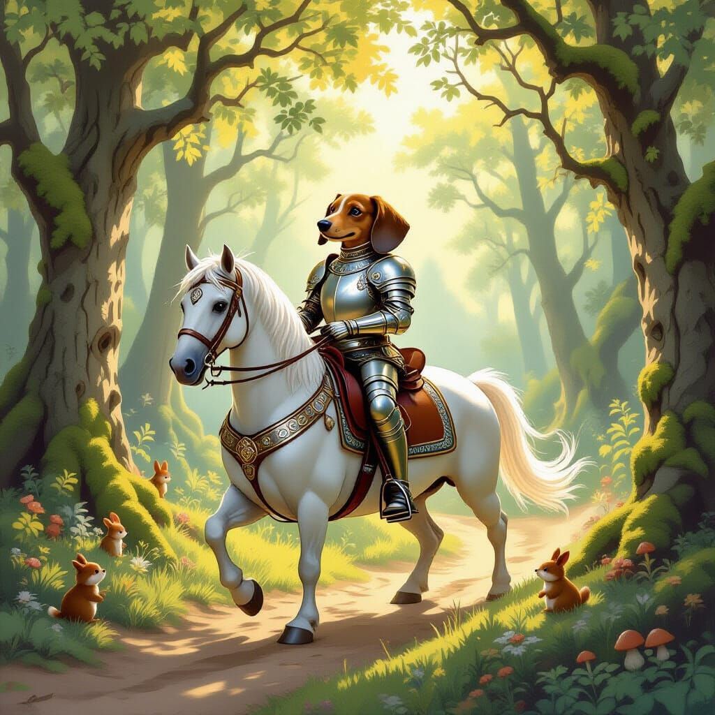 Dachshund Knight Rides Through Enchanted Forest