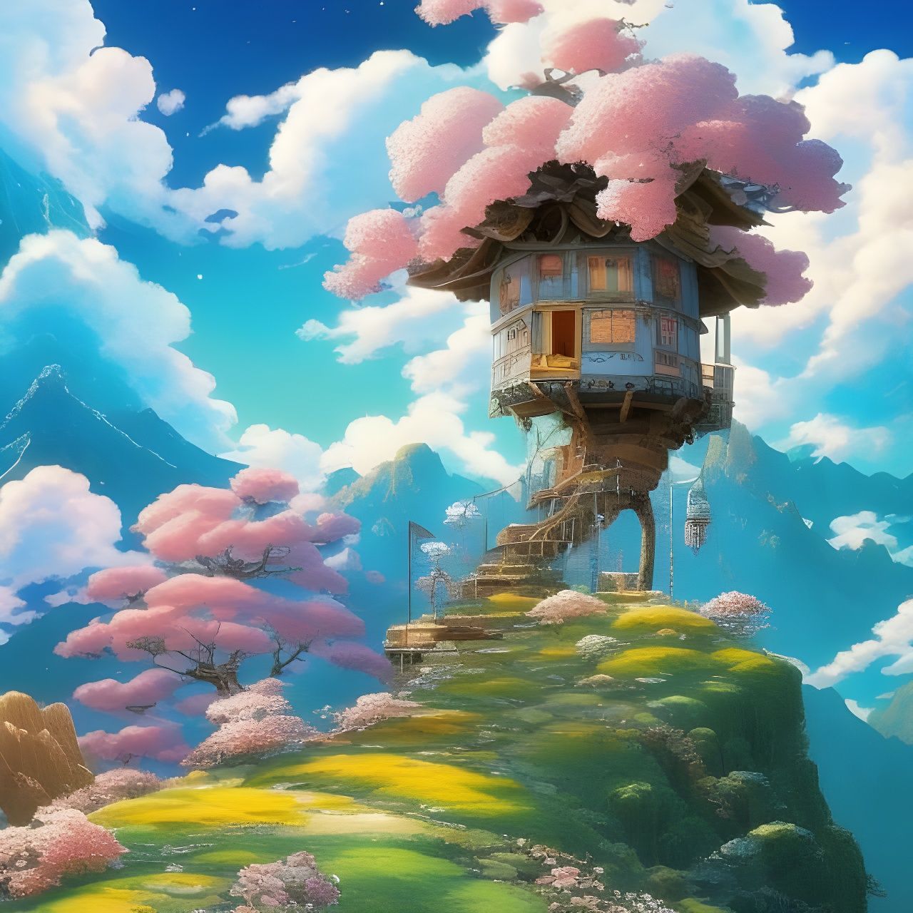 Fantasy Landscape with Whimsical Treehouse, Digital Art