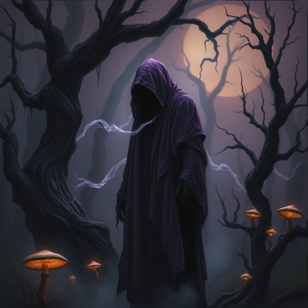 Ethereal Purple Figure in Mystical Forest