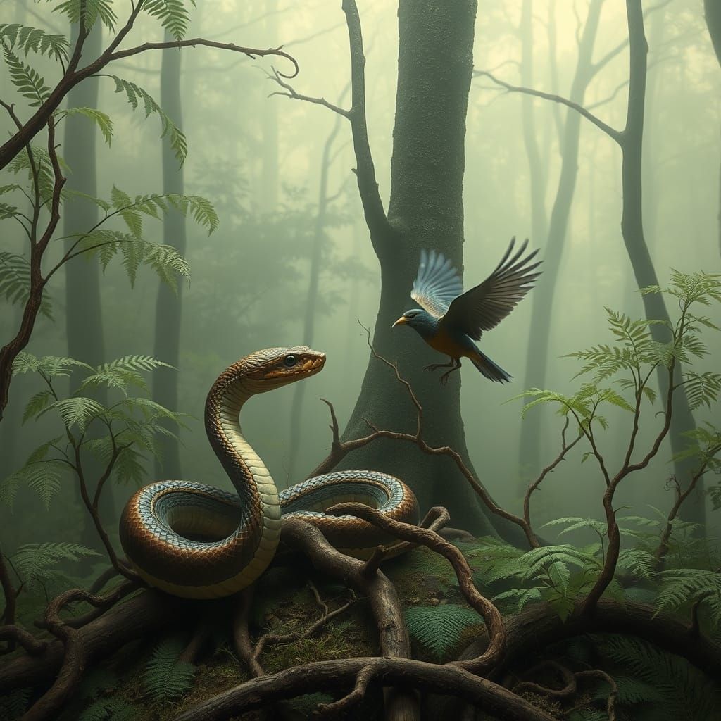 Snake Hunts Bird in Misty Forest with Earthy Tones