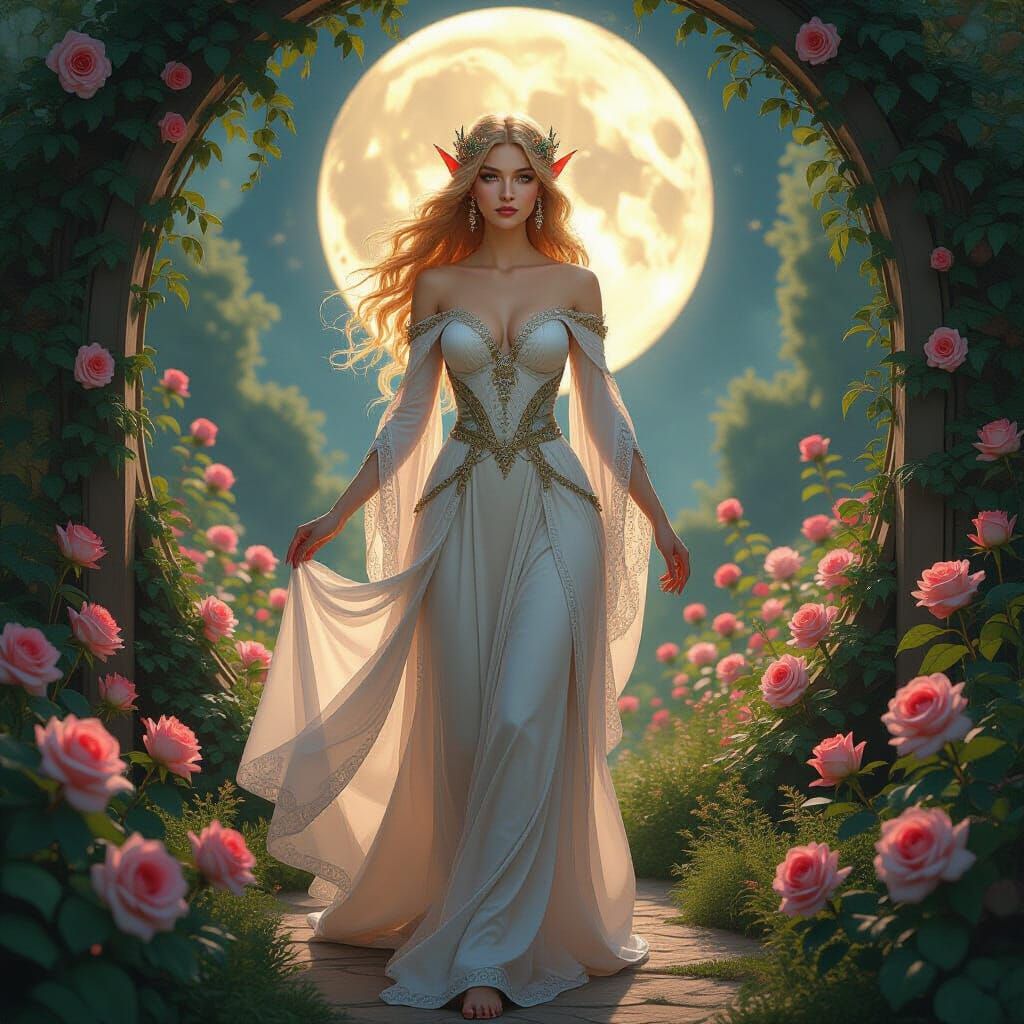 Elven Queen in Bioluminescent Rose Garden, Art Nouveau Style