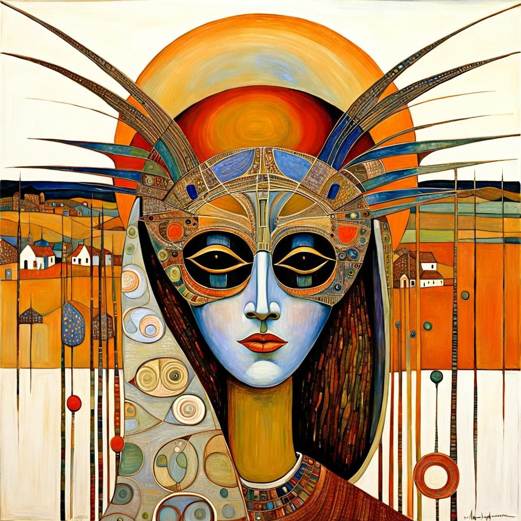 Surreal Masked Figure in Village, Ornate Oil Painting