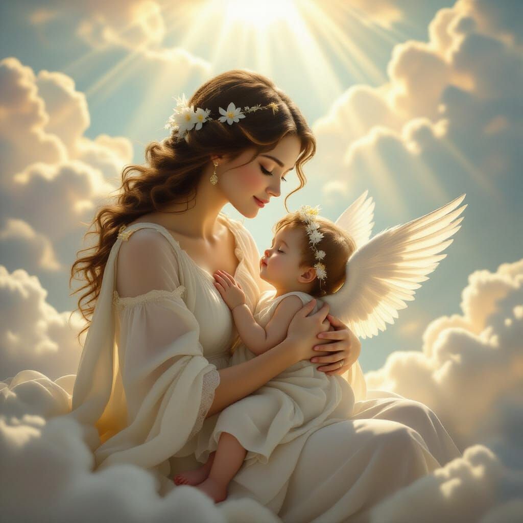 Divine Goddess Holds Serene Baby Angel Amidst Ethereal Cloud...
