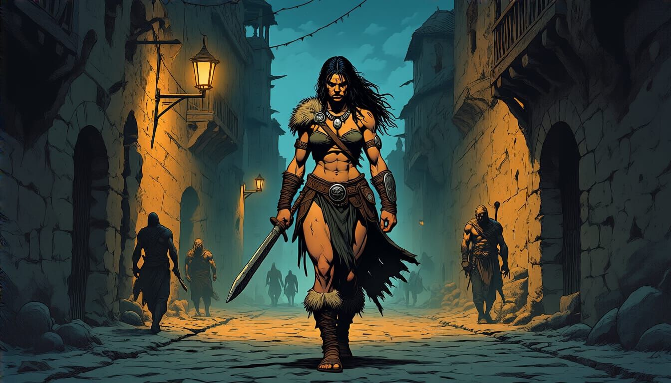 Amara the Barbarian in Hyborian City Night