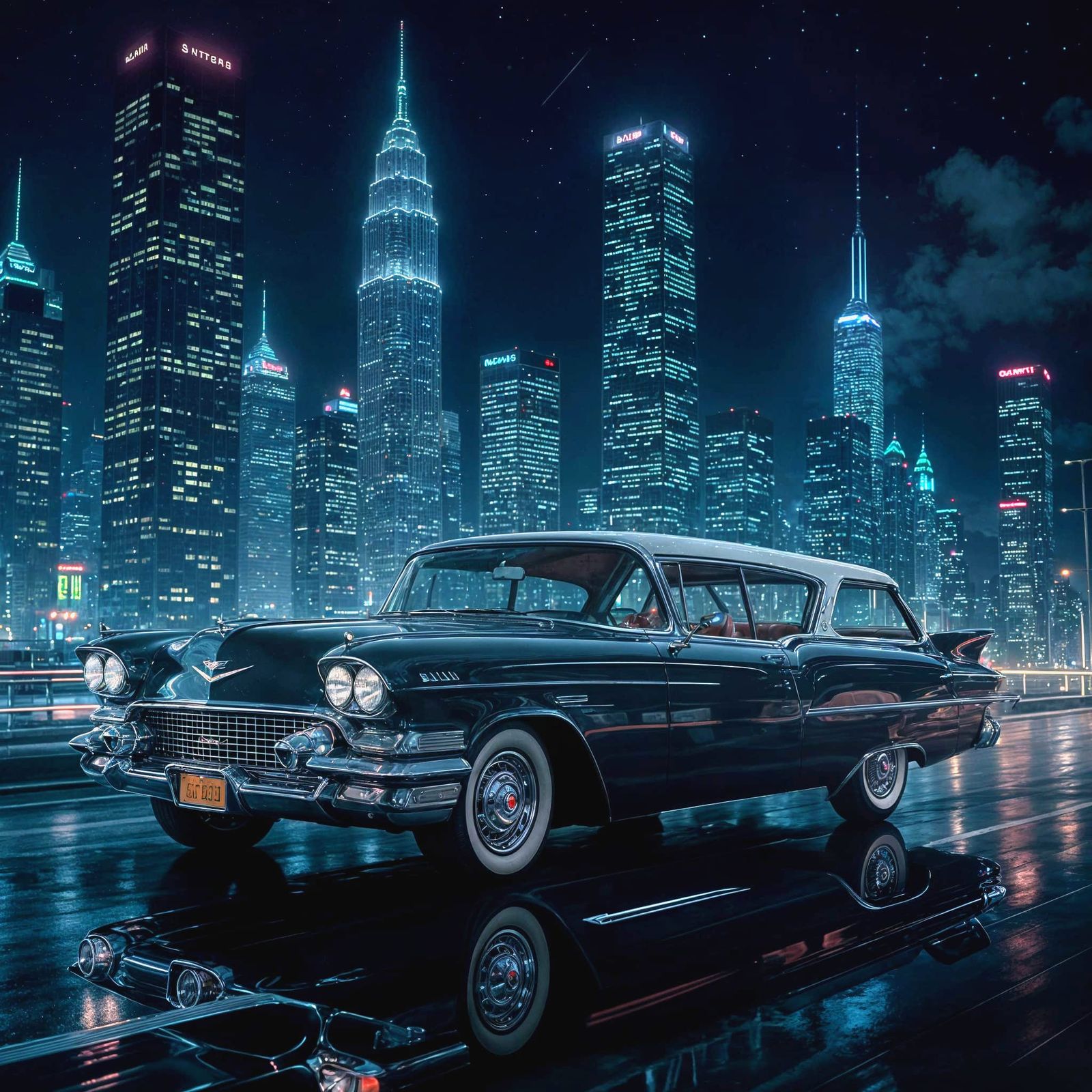 Cadillac Biarritz Wagon Glides Through Neon Metropolis