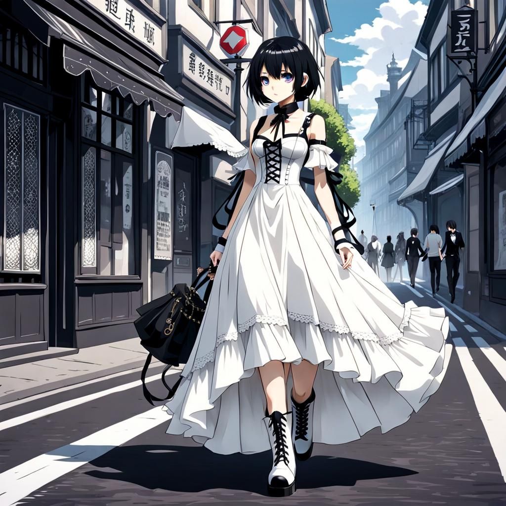 Anime Girl in White Gothic Dress Walking Street