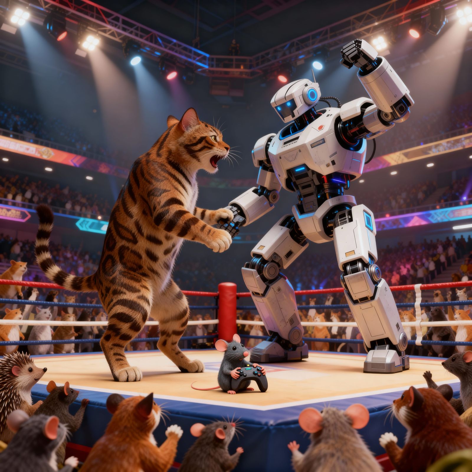 Robot Cat vs. Robot Mouse in Animal Boxing Ring