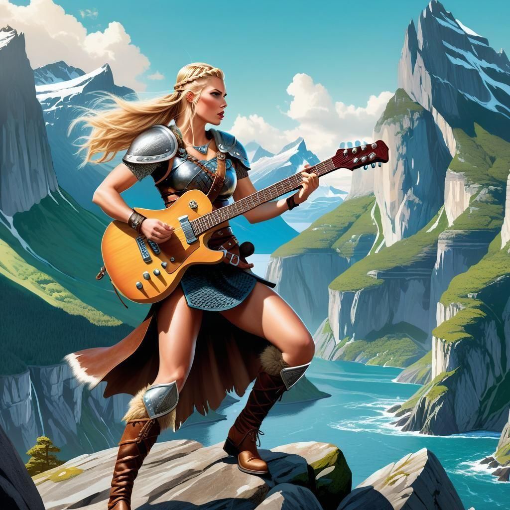 Viking Woman Rocks Out on Fjord Cliff