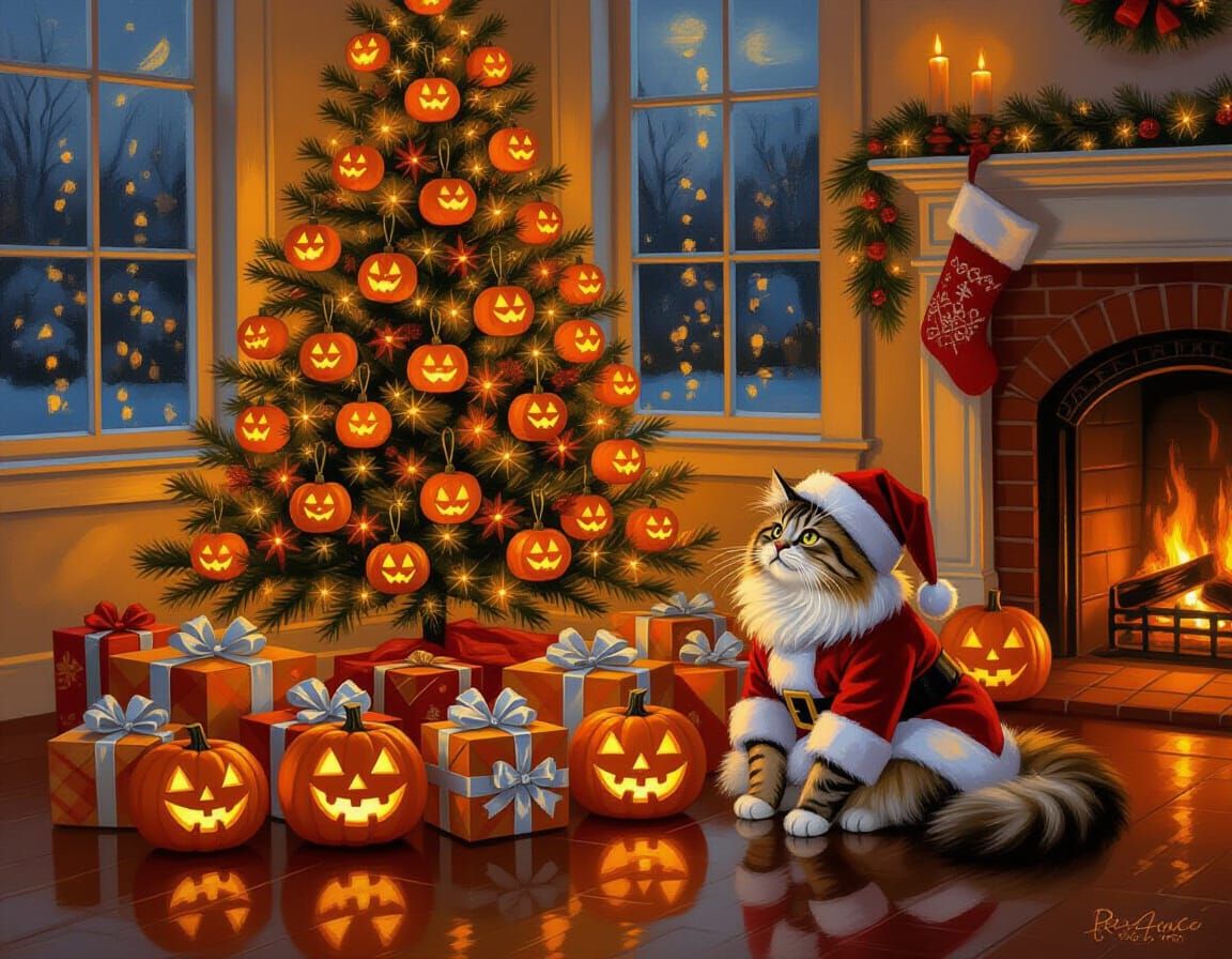 Impressionist Oil Painting of Cat with Pumpkin Christmas Tre...