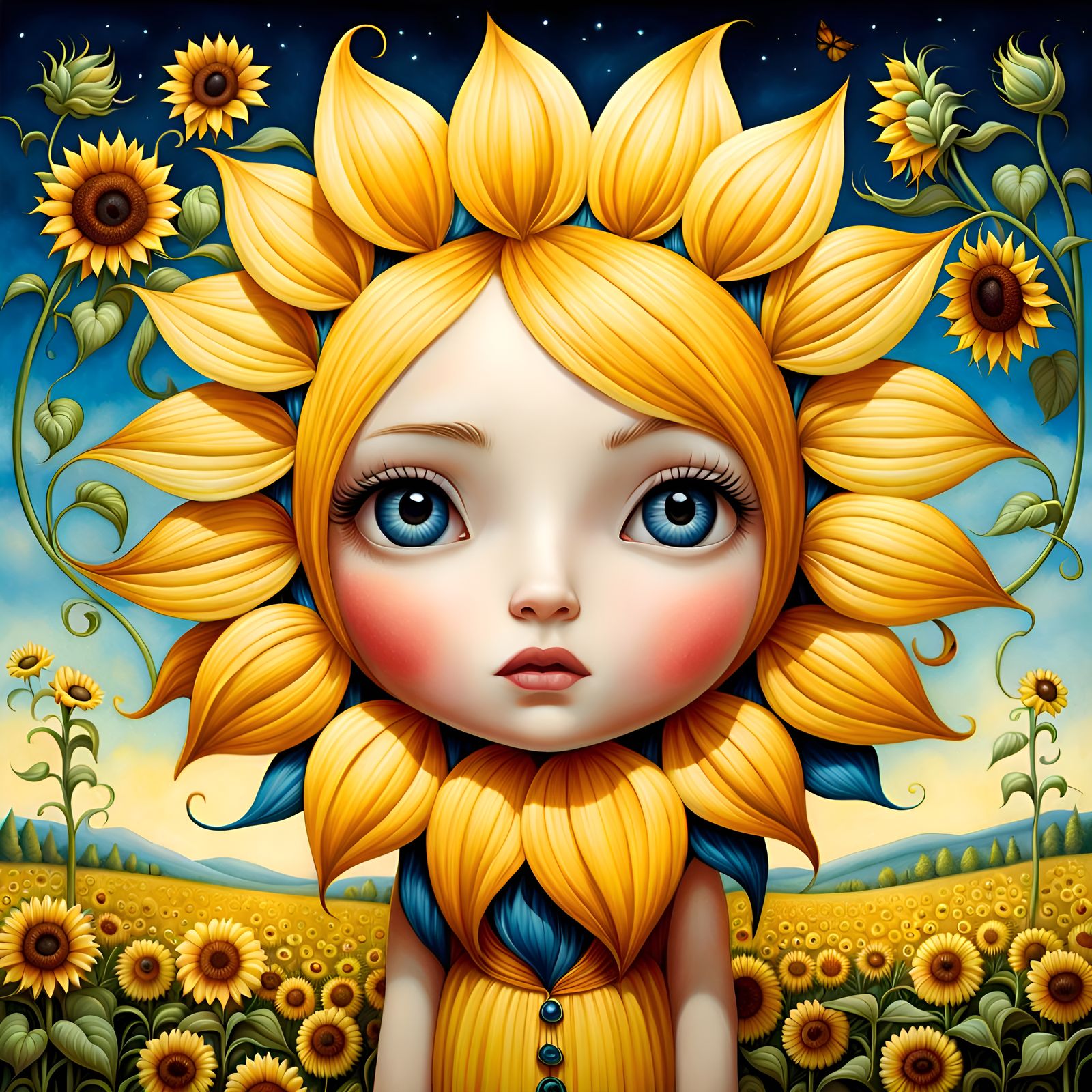 Sunflower in Summer Meadow, Surrealist Digital Art