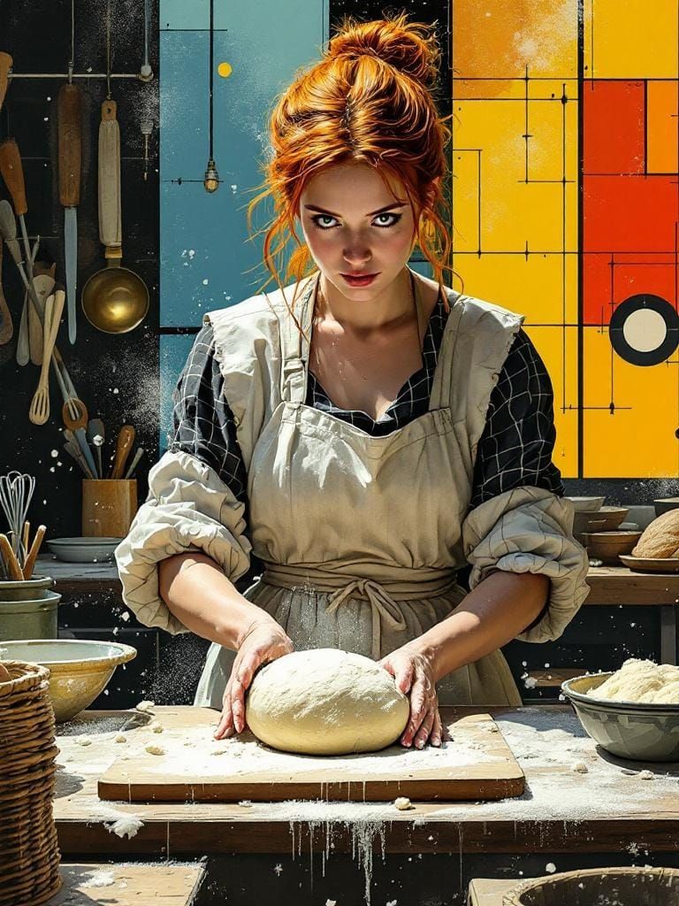 Redhead Baker's Bold Gaze: Bauhaus-Style Kitchen Scene