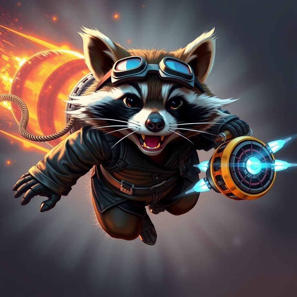 Raccoon Pilot Soaring in Retro-Futuristic Jetpack