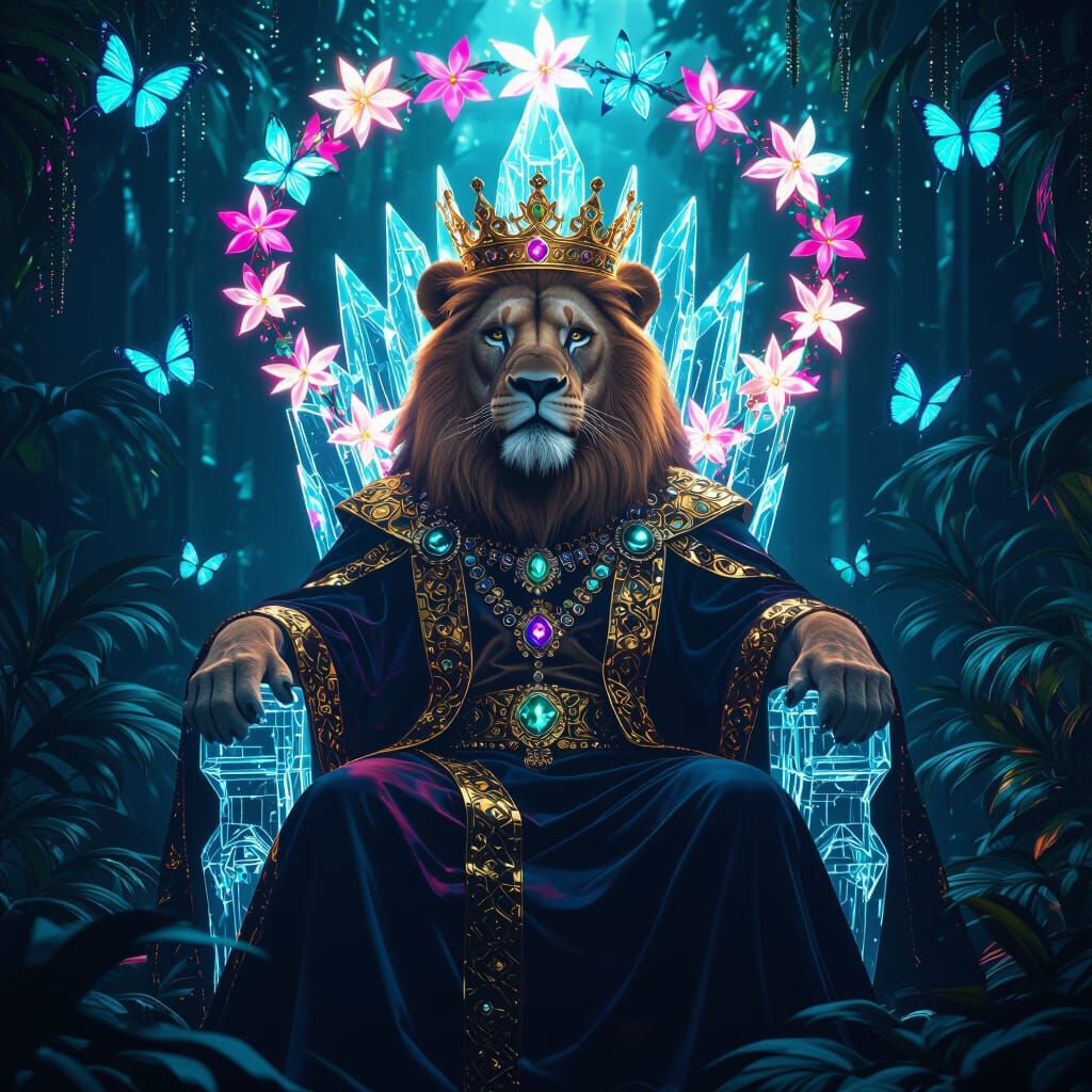 Lion King in Cyberpunk Jungle with Bioluminescent Butterflie...
