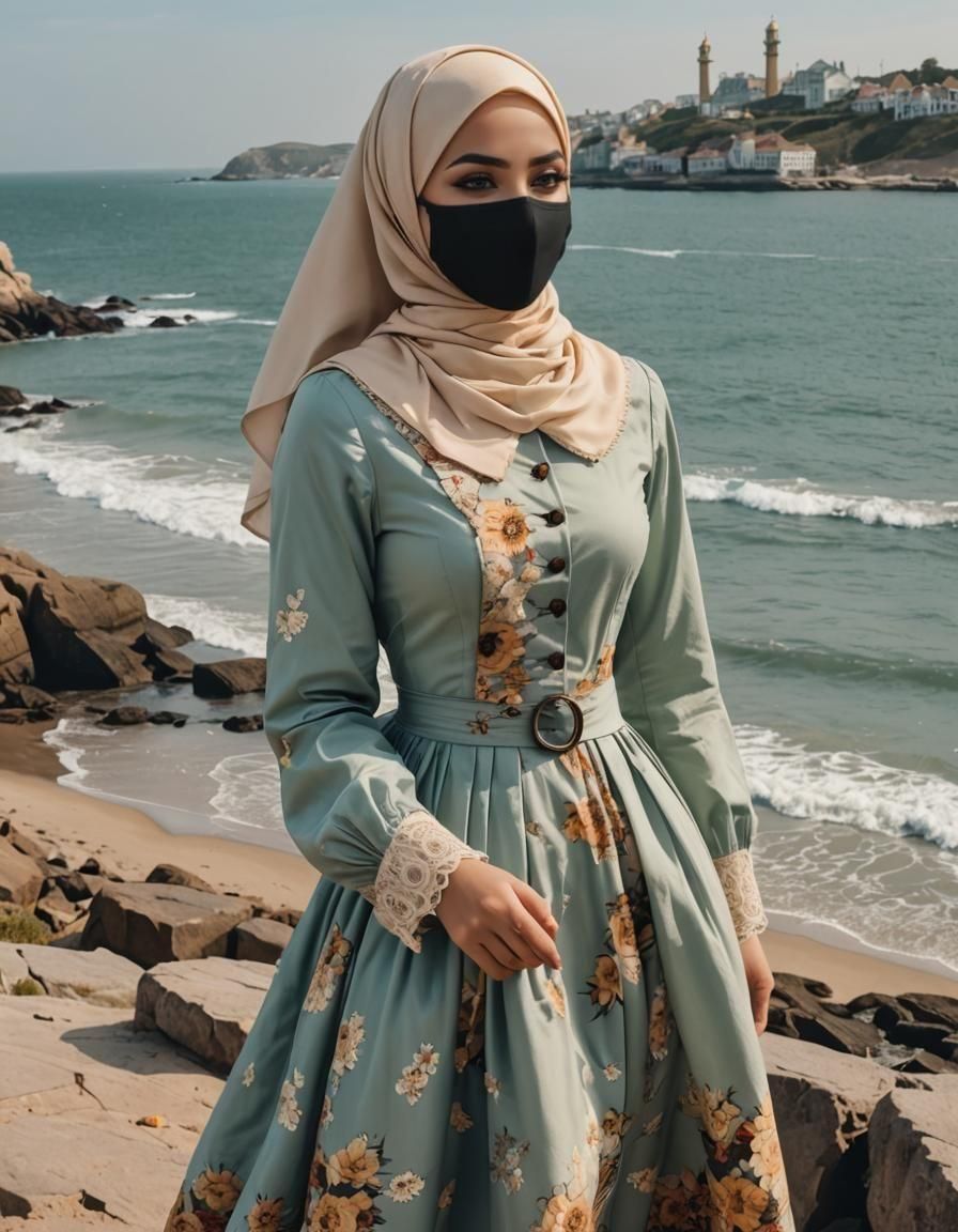 Victorian Woman with Hijab on the Beach as Comic