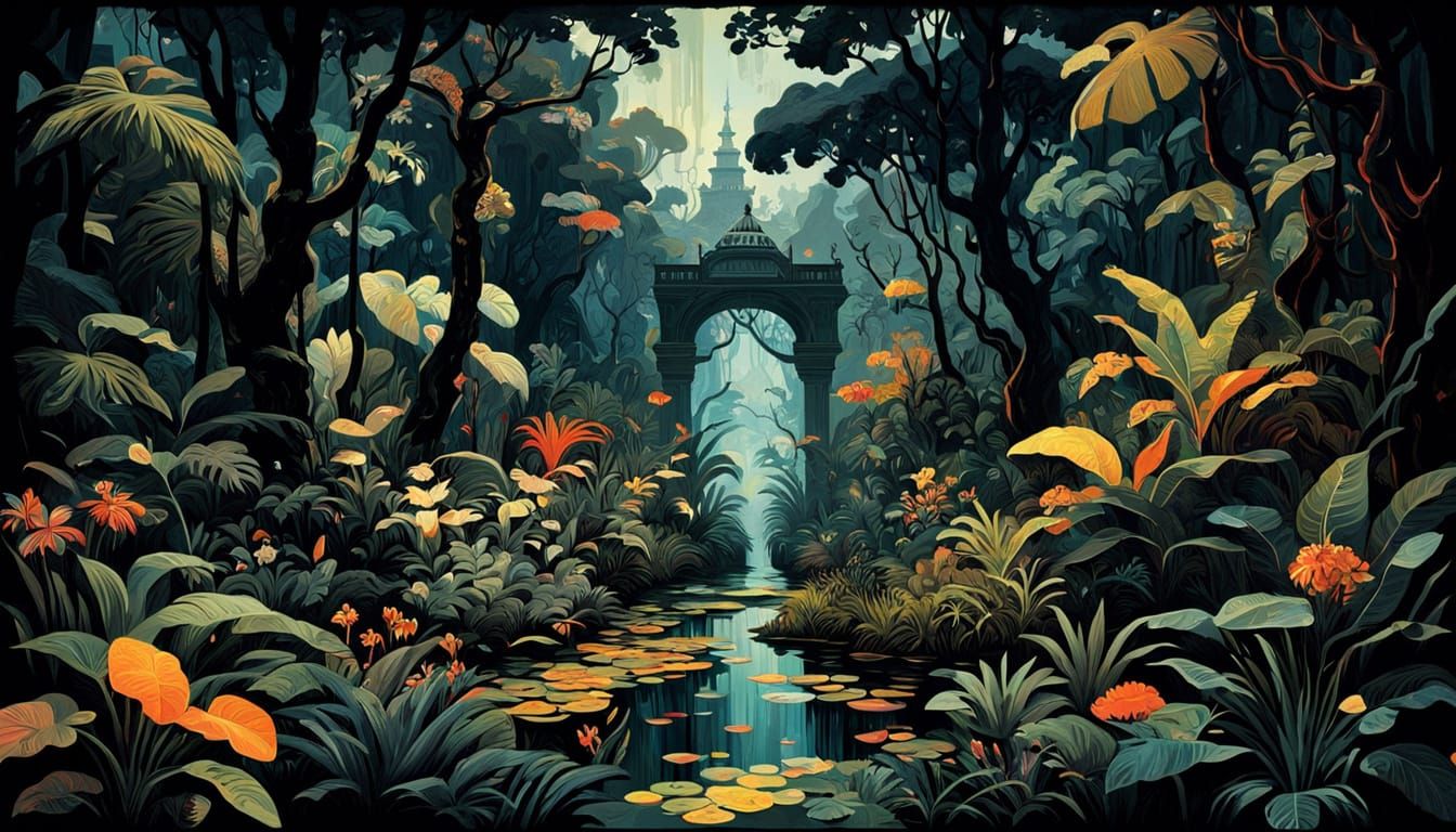Dark Baroque Jungle Scene in Detailed Linework