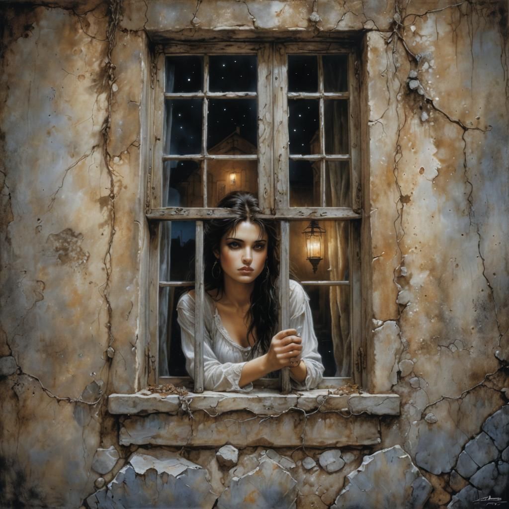 Brunette at Window in Sardinia, Romantic Fantasy Art