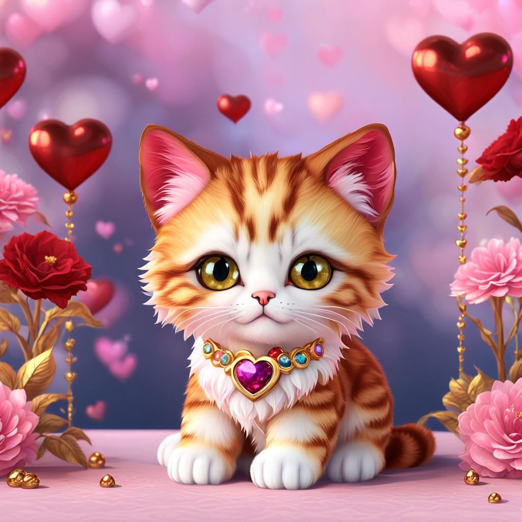 Bioluminescent Kitten with Hearts and Flowers