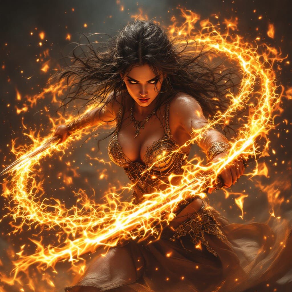 Warrior Princess with Fiery Blades in Mythic Fantasy Style