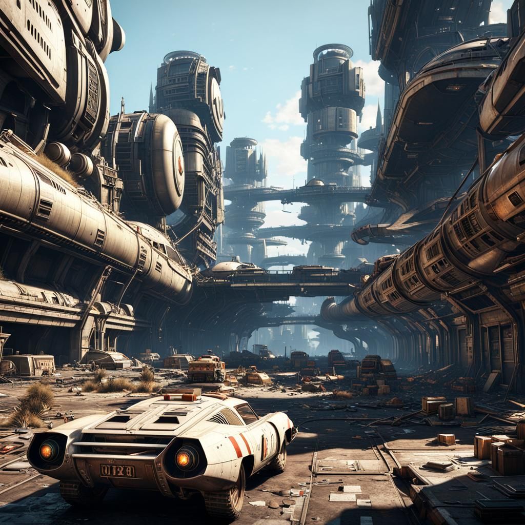 Destroyed jet age city, 1960's sci-fi art, 1960's sci-fi concept art, dystopia, post-apocalyptic, Game Cinematic Feel, E...